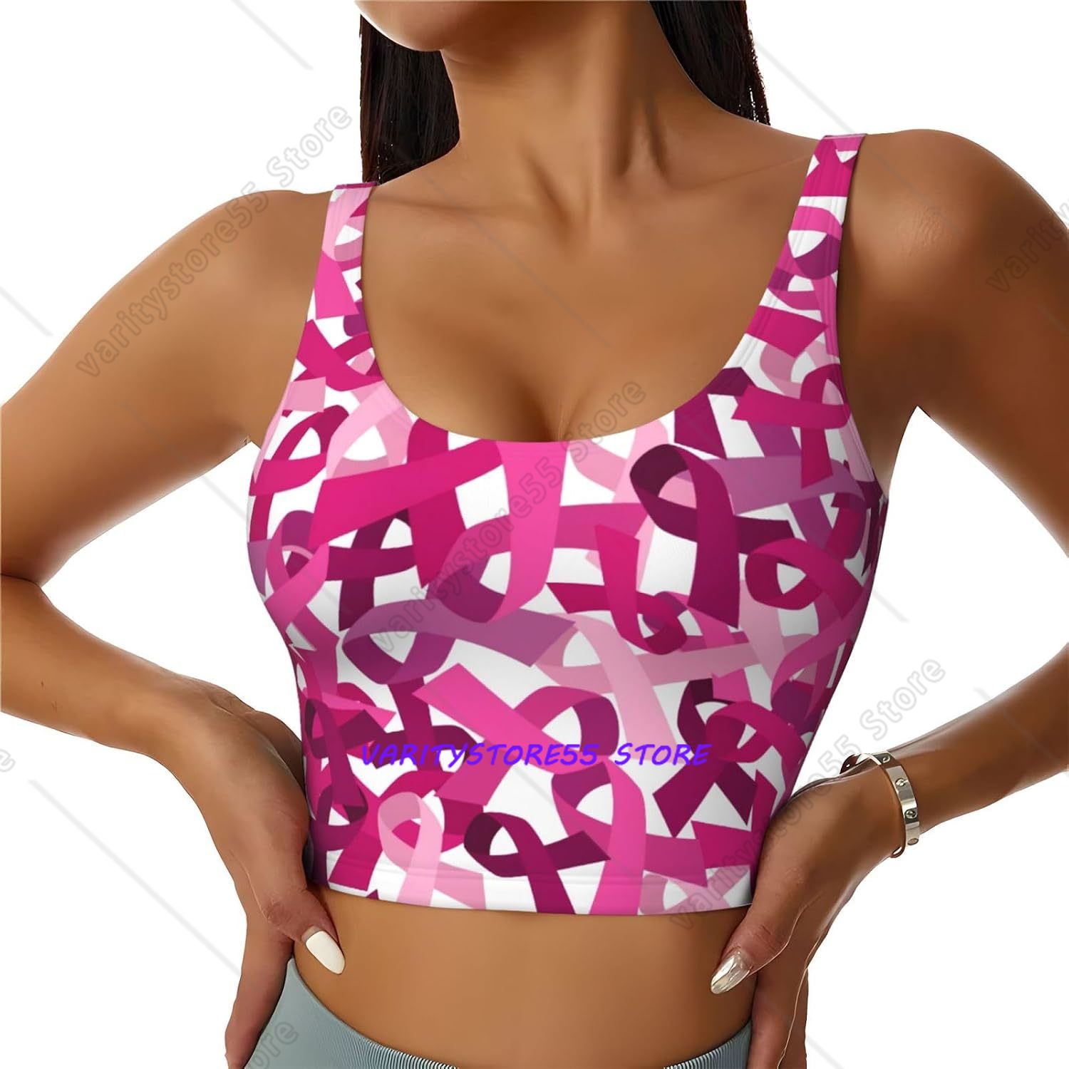Yoga Overall Fitness - Brustkrebs-Bewusstseins-Tanktop mit rosa Schleife, Allover-Print, Damen-Sport-BH,